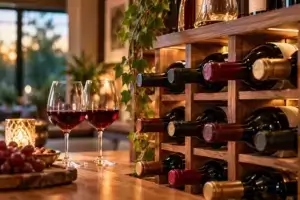 A wooden wine rack with bottles and two wine glasses arranged in a warm candlelit setting.