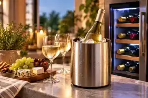 Wine cooler and glasses arranged in an elegant setting ready for entertaining guests.