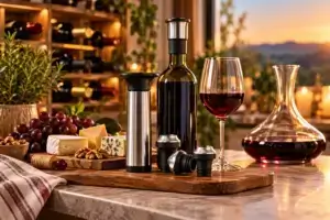 Wine glasses and a bottle of red wine arranged with wine preservation accessories on a table.