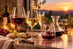 Two glasses of wine beside a cheese platter on a table overlooking a warm sunset.